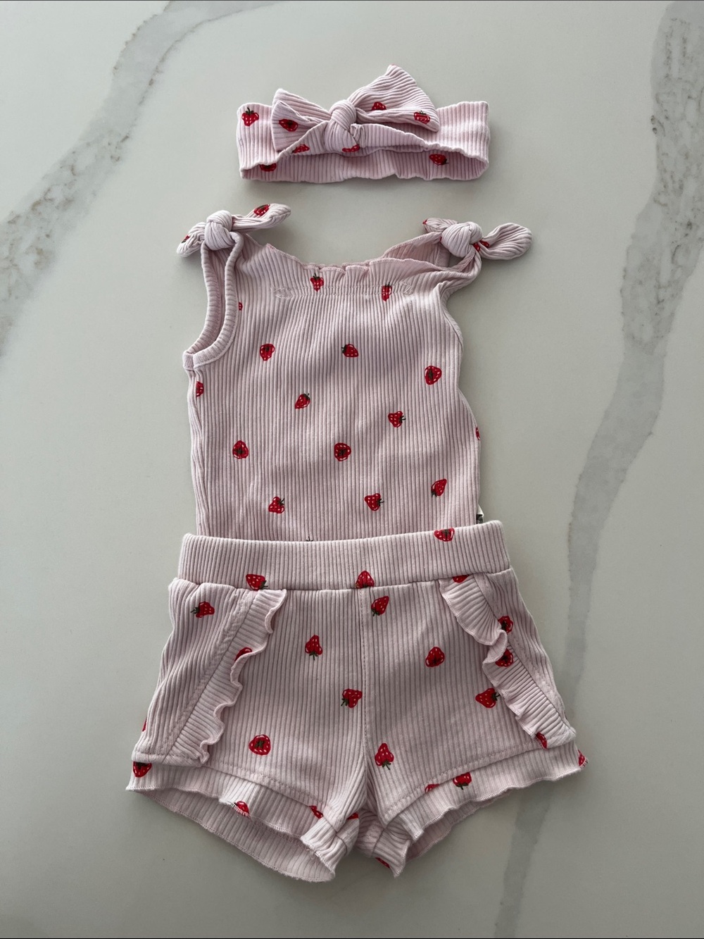 Rabbit & Bear Pink Ribbed Strawberry Shorts and Shirt Set